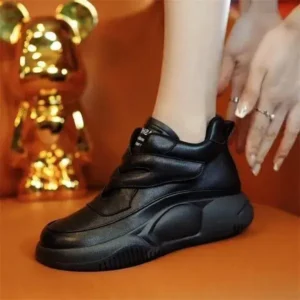 Bunbunhouse Women Fashion Round Toe Soft Leather Velcro High Top Platform Shoes Sneakers
